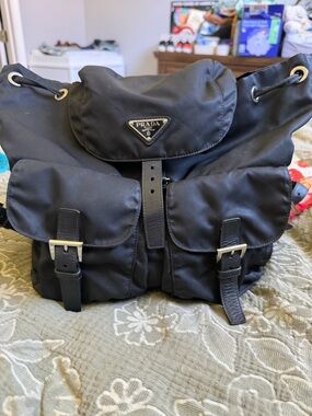Prada Black Nylon Drawstring Backpack with Leather Trim